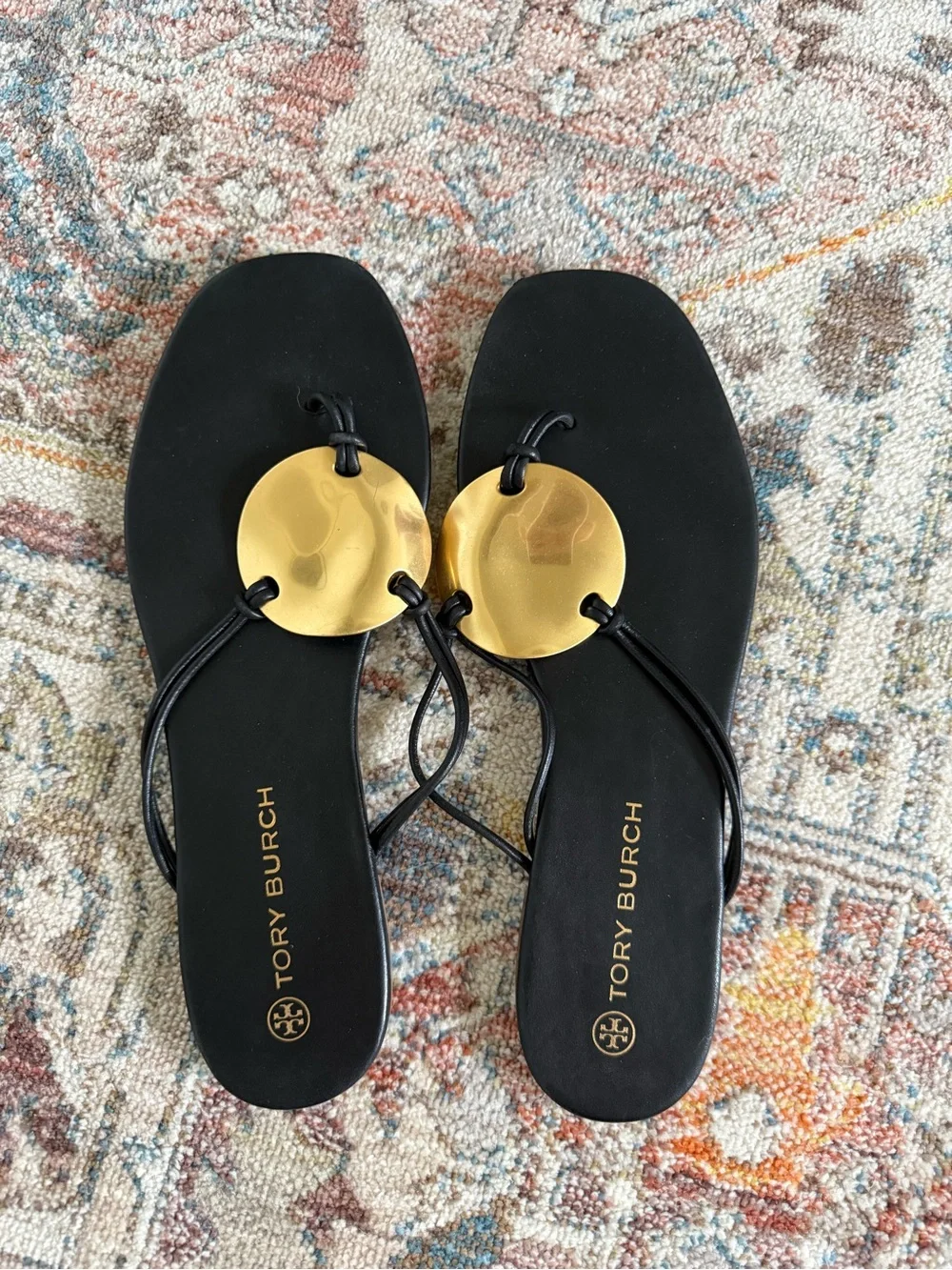 Tory Burch Black Leather Sandals with Gold Medallion
